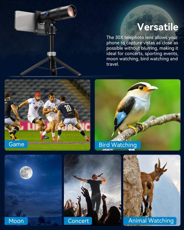 30X Telephoto Lens, High Power HD Telephoto Phone Lens with Adjustable Tripod and Universal Phone Clip, Phone Lens Attachment for Android & iPhone - Image 2